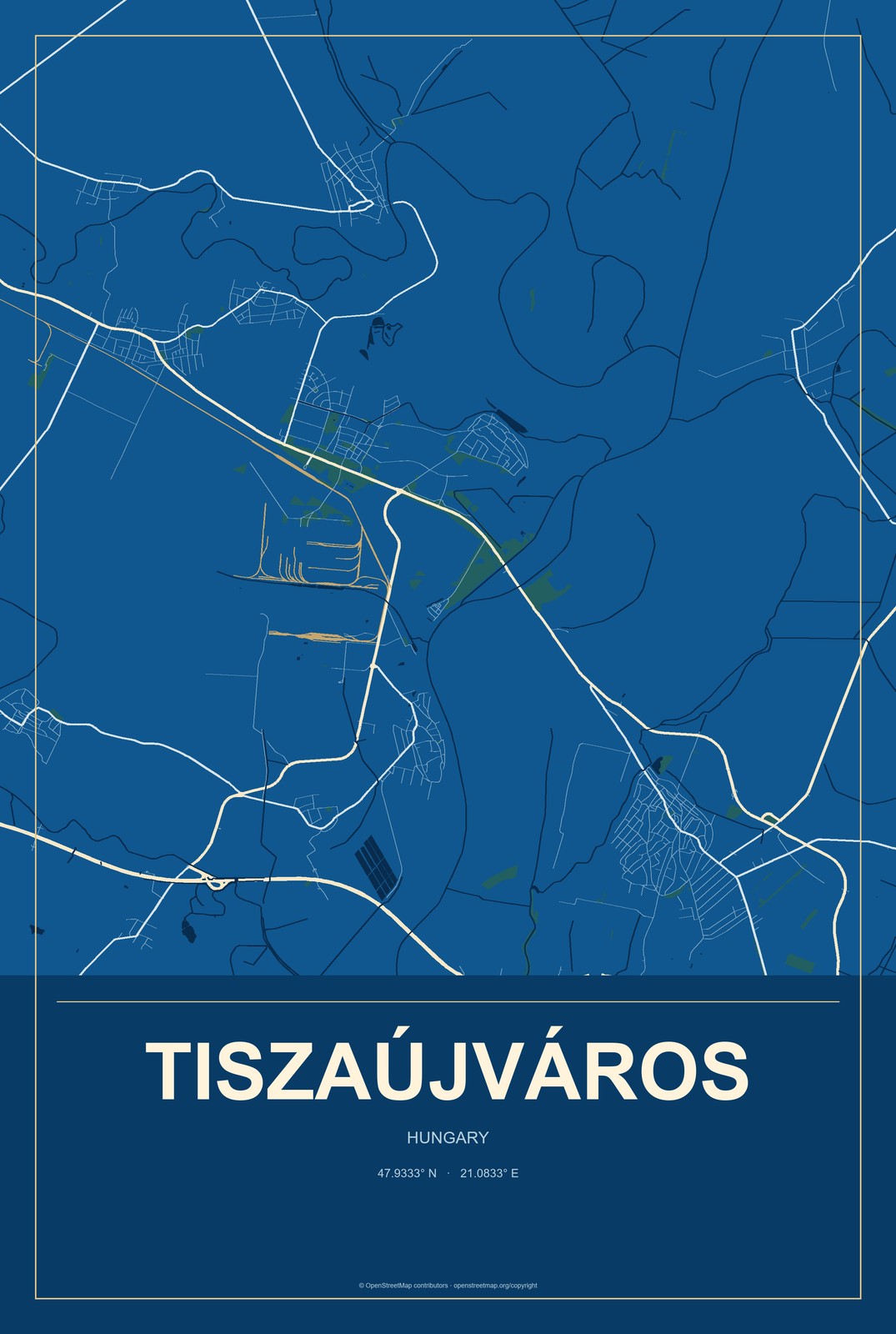 Tiszaújváros, Hungary City Map Aluminum Sign in Harbor Cobalt style