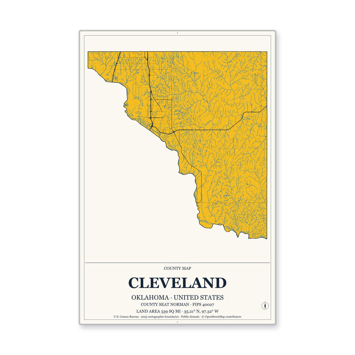 Cleveland County, Oklahoma Map Aluminum Sign in Citrine Modern style