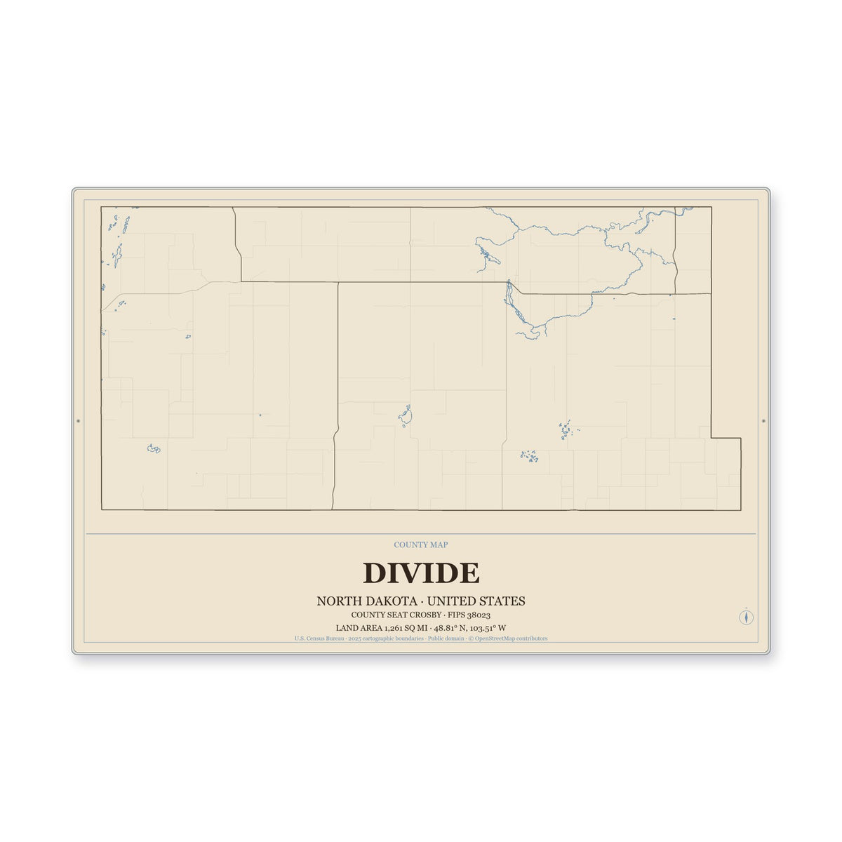 Divide County, North Dakota Map Aluminum Sign in Heritage Nautical style