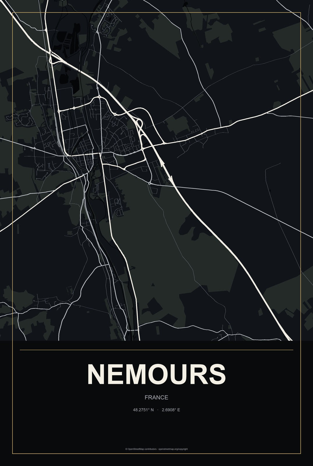 Nemours, France City Map Aluminum Sign in Metropolitan Noir style