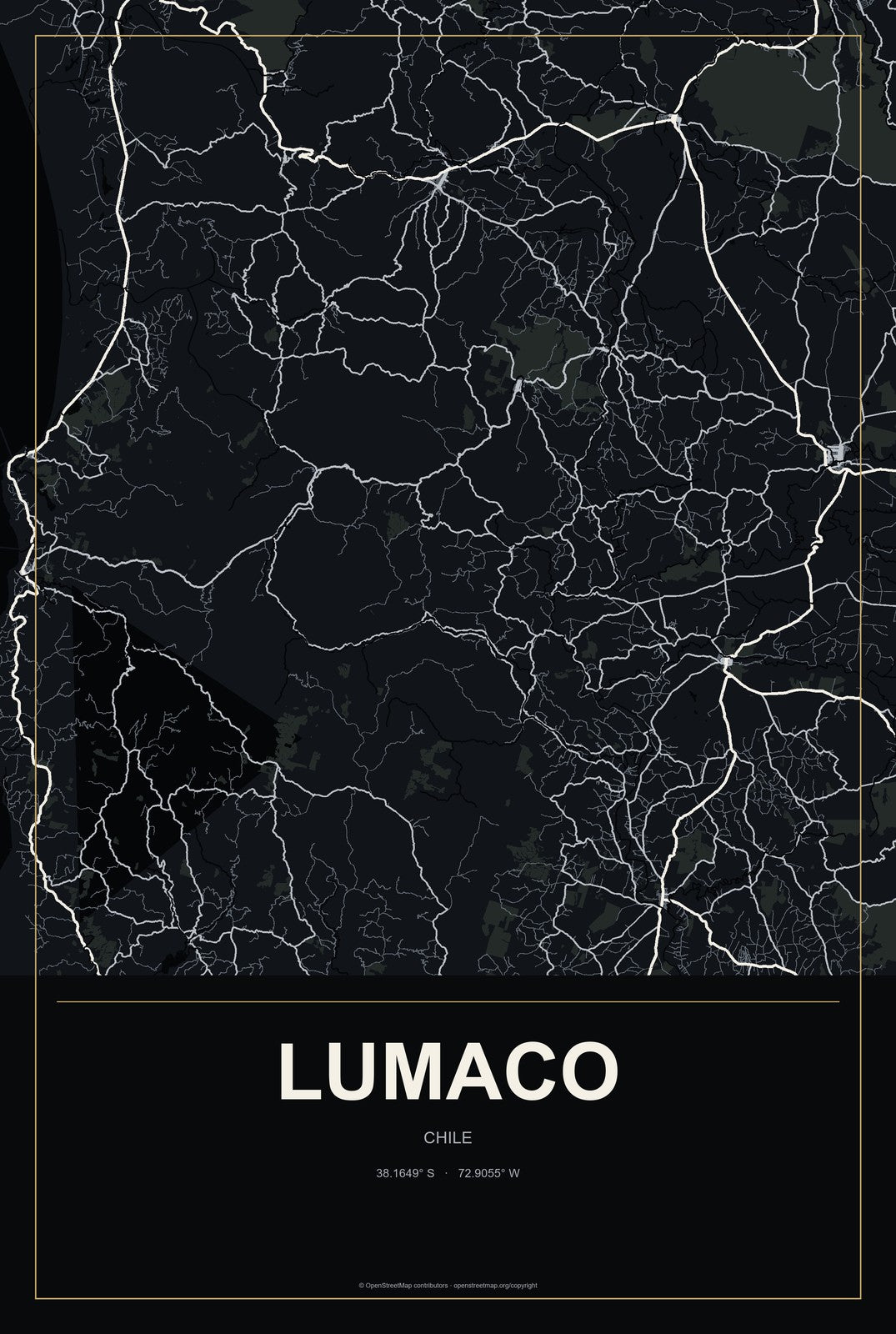 Lumaco, Chile City Map Aluminum Sign in Metropolitan Noir style
