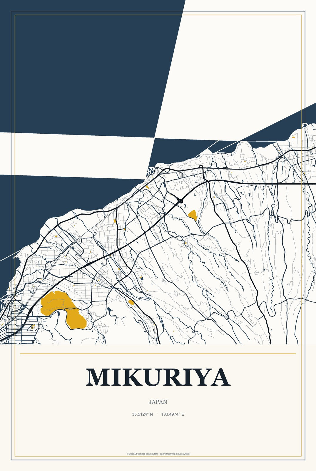 Mikuriya, Japan City Map Aluminum Sign in Citrine Modern style