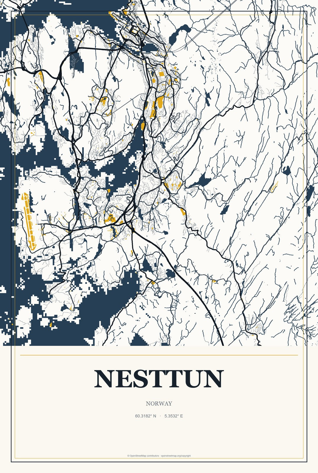 Nesttun, Norway City Map Aluminum Sign in Citrine Modern style