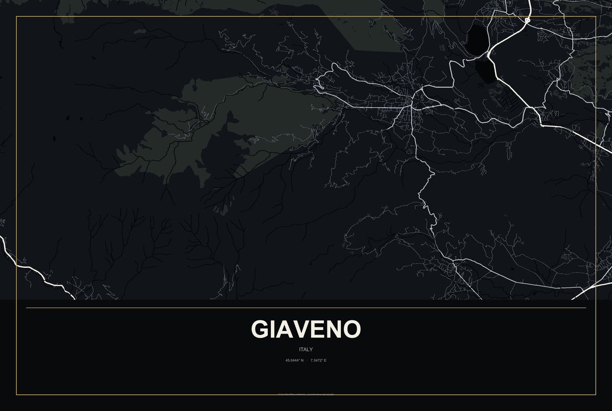 Giaveno, Italy City Map Aluminum Sign in Metropolitan Noir style