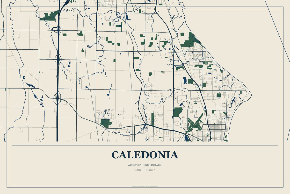 Caledonia, Wisconsin City Map Aluminum Sign in Coastal Cutout style