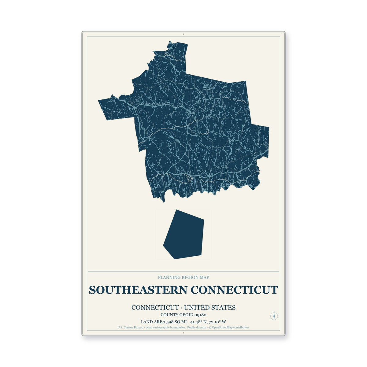Southeastern Connecticut Planning Region, Connecticut Map Aluminum Sign in Coastal Cutout style