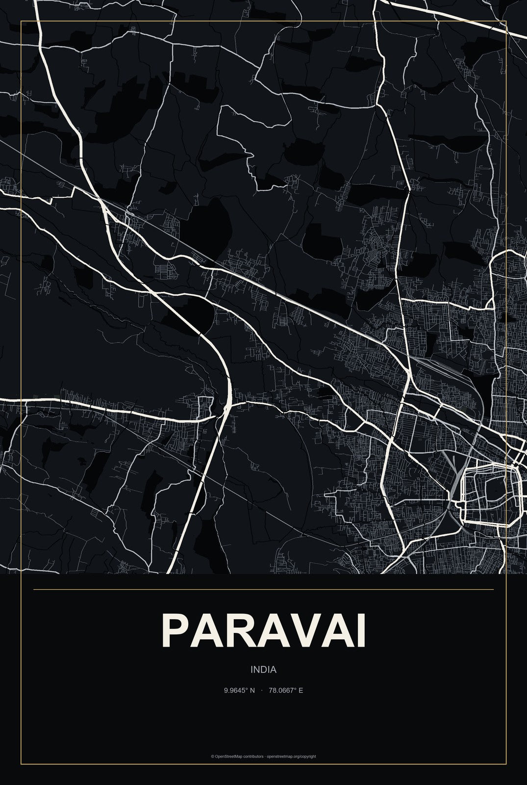 Paravai, India City Map Aluminum Sign in Metropolitan Noir style