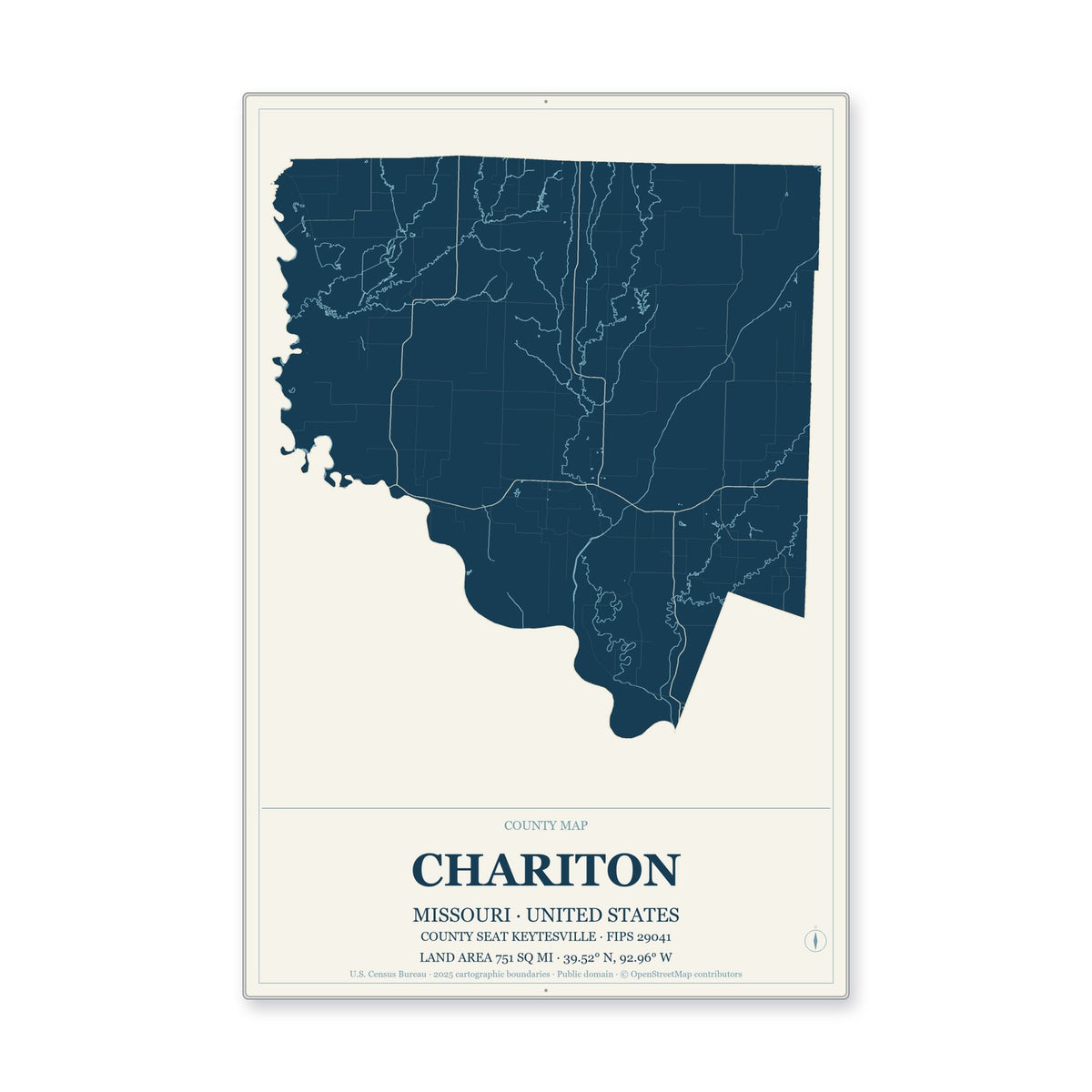Chariton County, Missouri Map Aluminum Sign in Coastal Cutout style