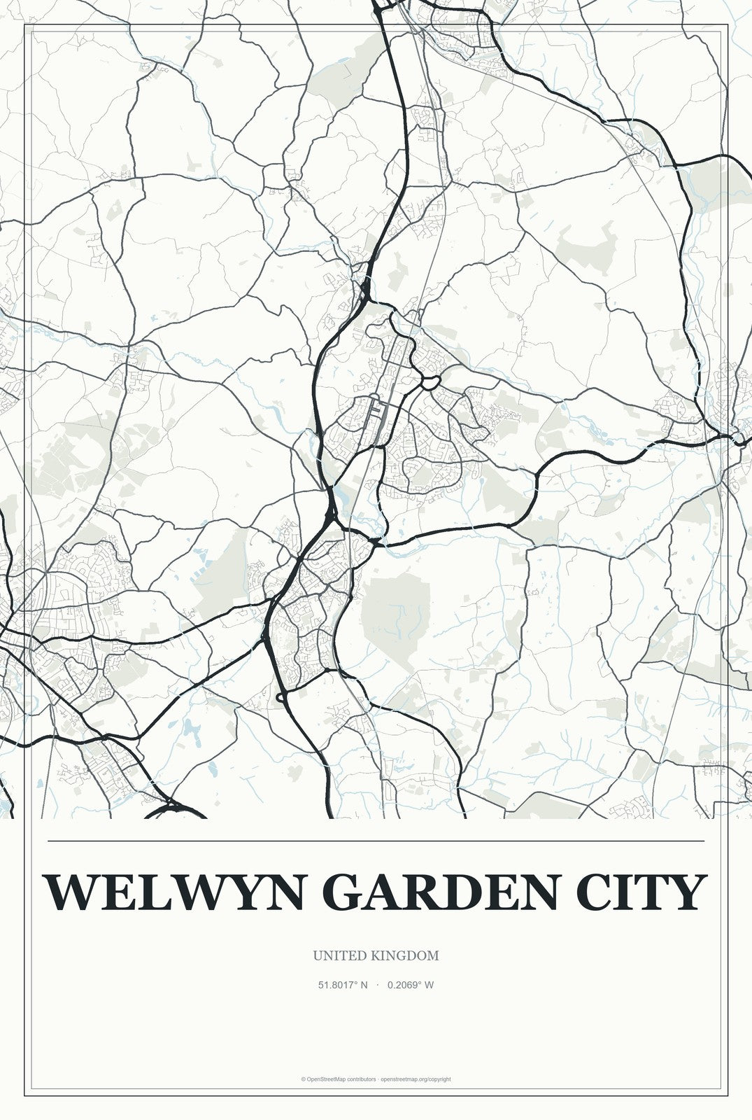 Welwyn Garden City, United Kingdom City Map Aluminum Sign in Gallery Air style