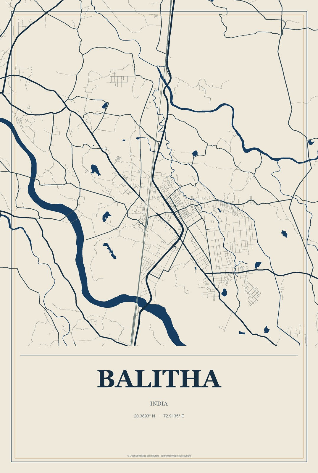 Balitha, India City Map Aluminum Sign in Coastal Cutout style