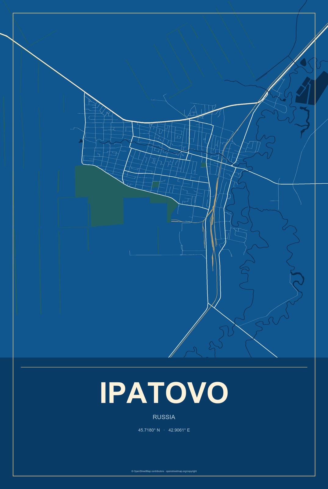 Ipatovo, Russia City Map Aluminum Sign in Harbor Cobalt style