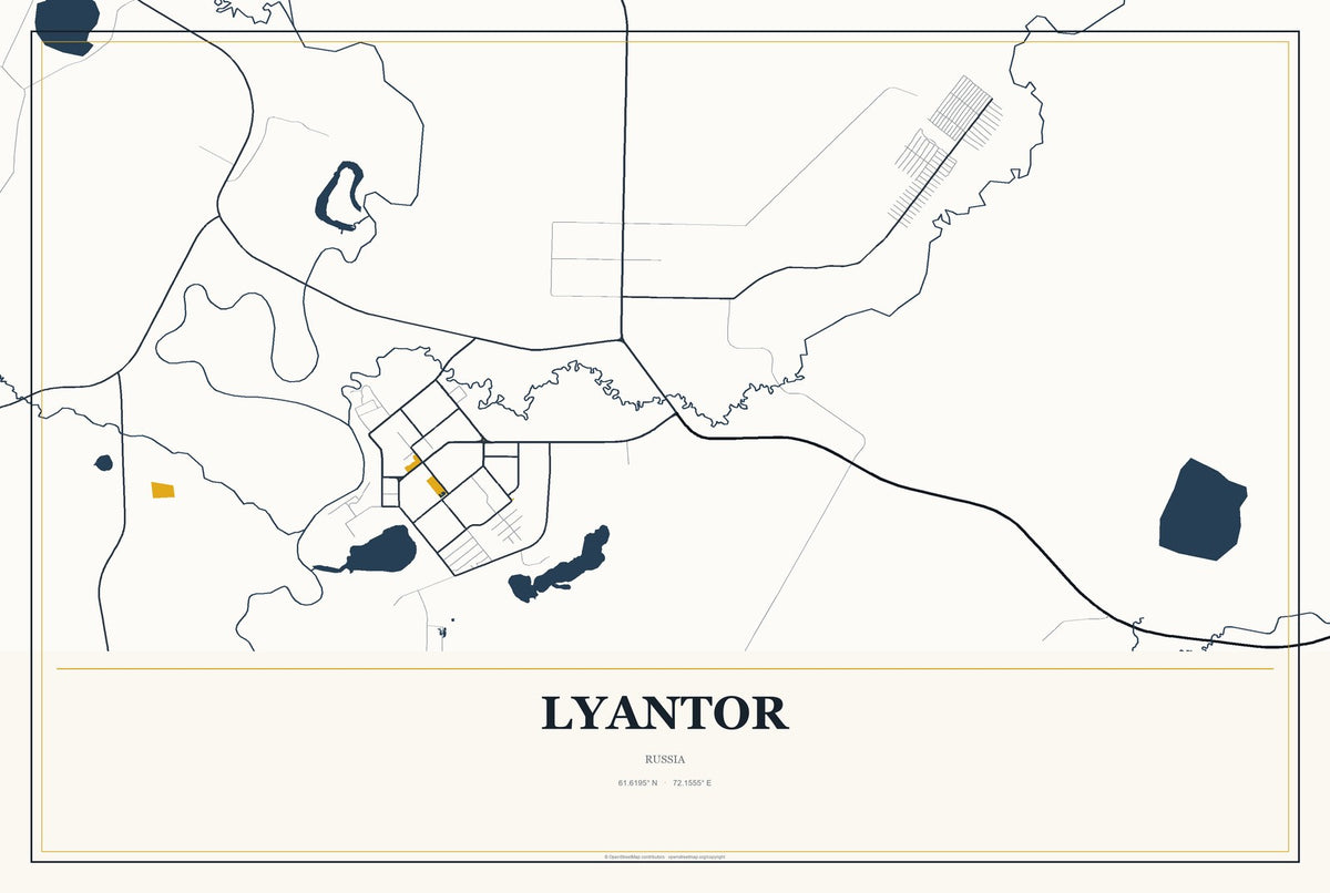 Lyantor, Russia City Map Aluminum Sign in Citrine Modern style