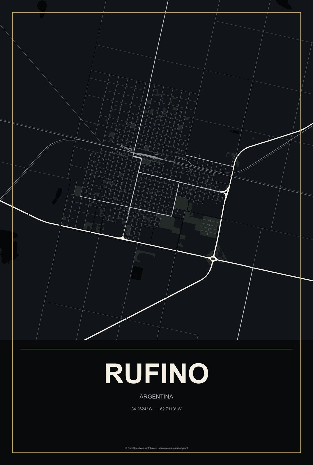 Rufino, Argentina City Map Aluminum Sign in Metropolitan Noir style