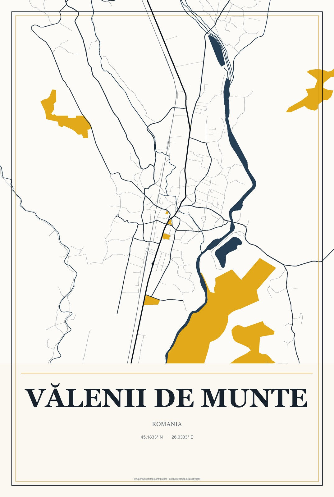 Vălenii de Munte, Romania City Map Aluminum Sign in Citrine Modern style