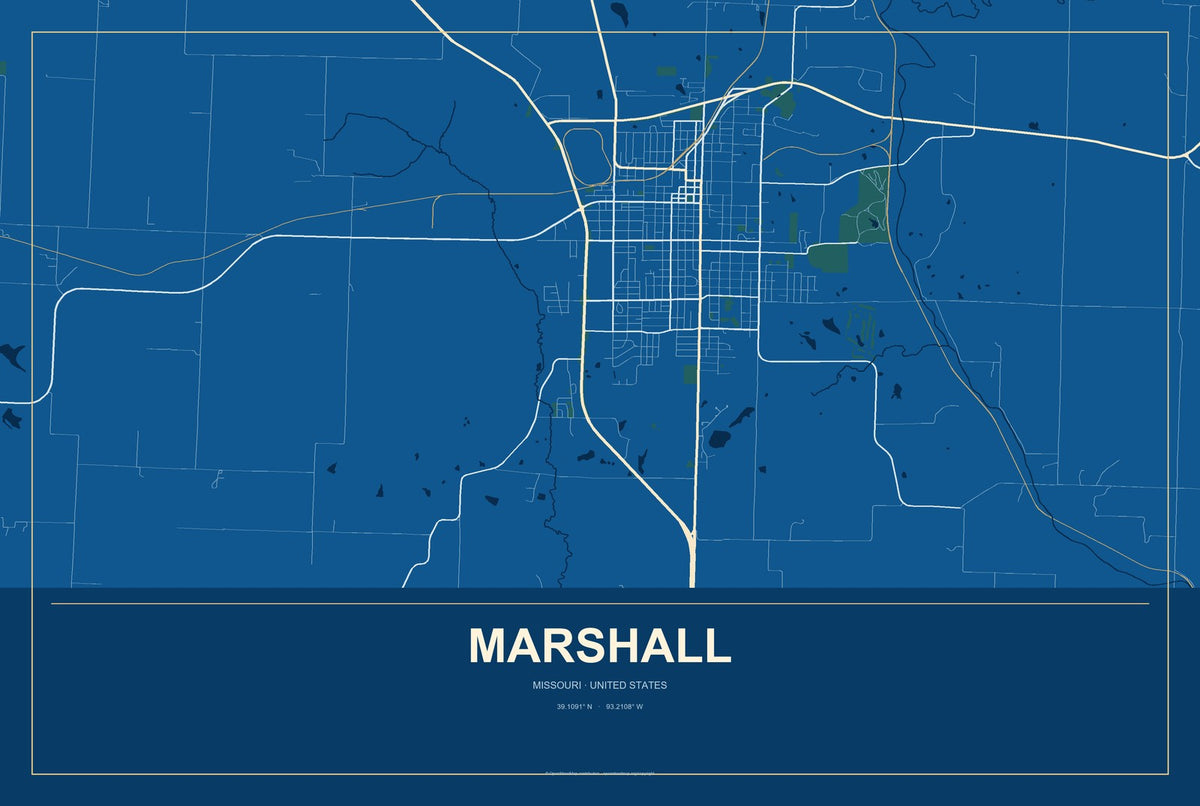 Marshall, Missouri City Map Aluminum Sign in Harbor Cobalt style