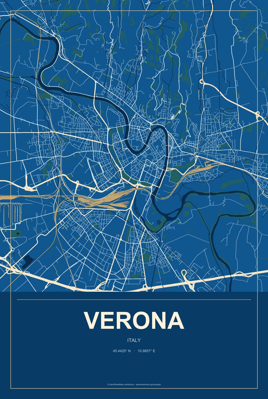 Verona, Italy City Map Aluminum Sign in Harbor Cobalt style
