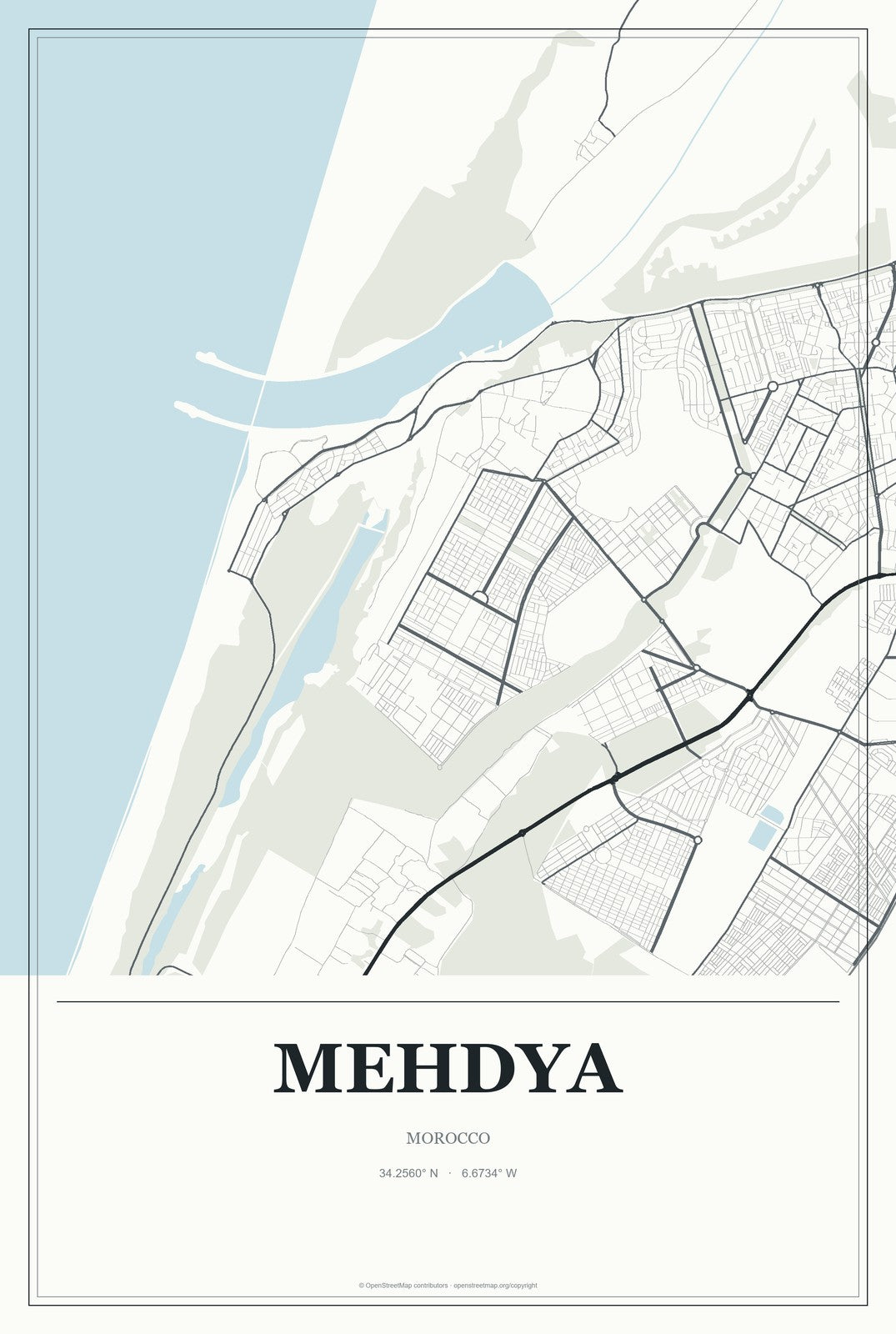 Mehdya, Morocco City Map Aluminum Sign in Gallery Air style