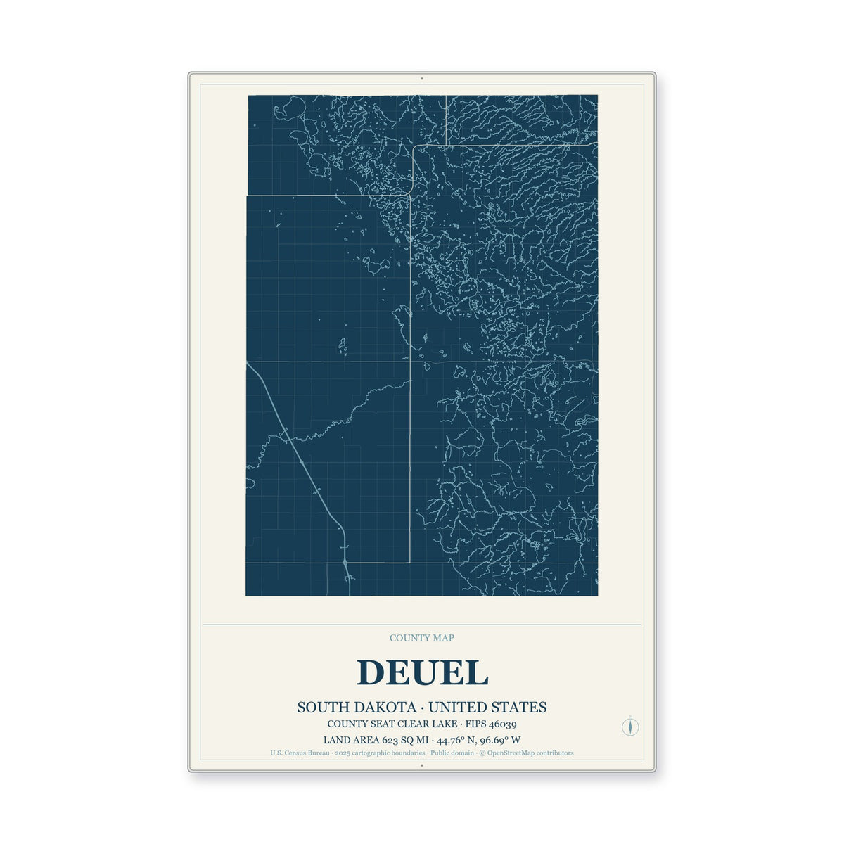 Deuel County, South Dakota Map Aluminum Sign in Coastal Cutout style