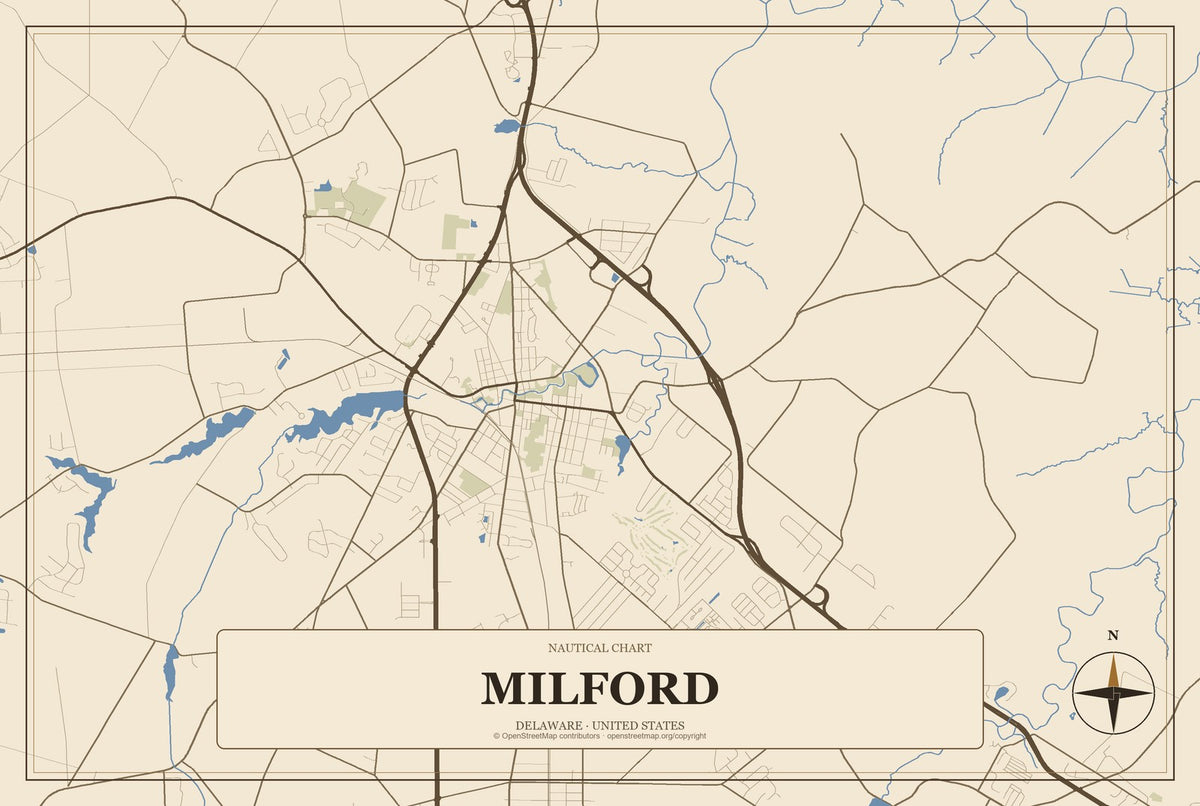 Milford, Delaware City Map Aluminum Sign in Heritage Nautical style