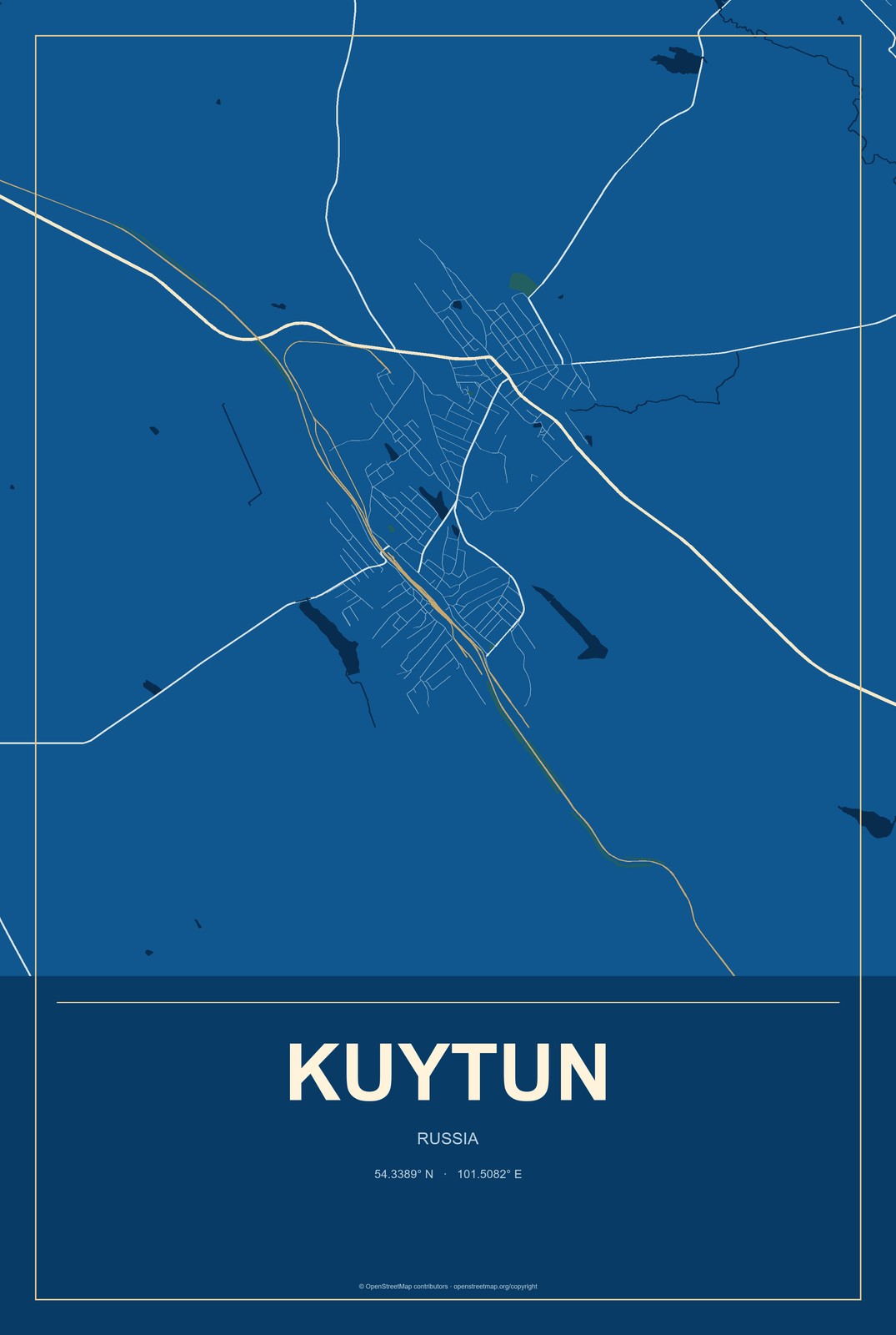 Kuytun, Russia City Map Aluminum Sign in Harbor Cobalt style