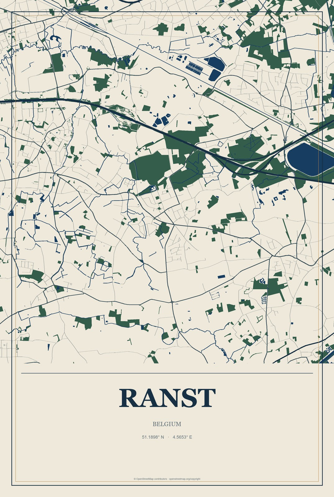 Ranst, Belgium City Map Aluminum Sign in Coastal Cutout style