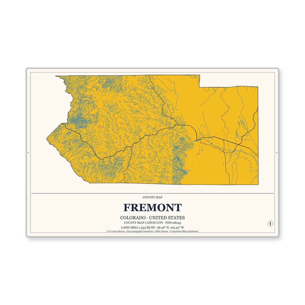 Fremont County, Colorado Map Aluminum Sign in Citrine Modern style