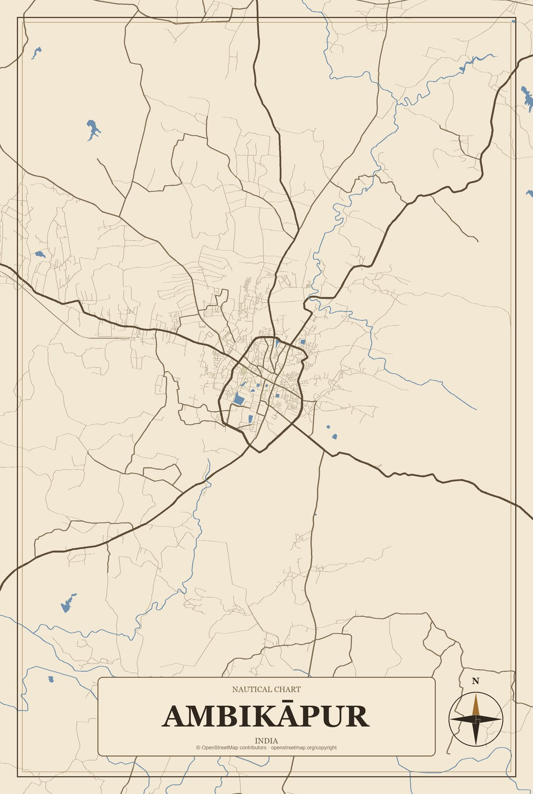 Ambikāpur, India City Map Aluminum Sign in Heritage Nautical style
