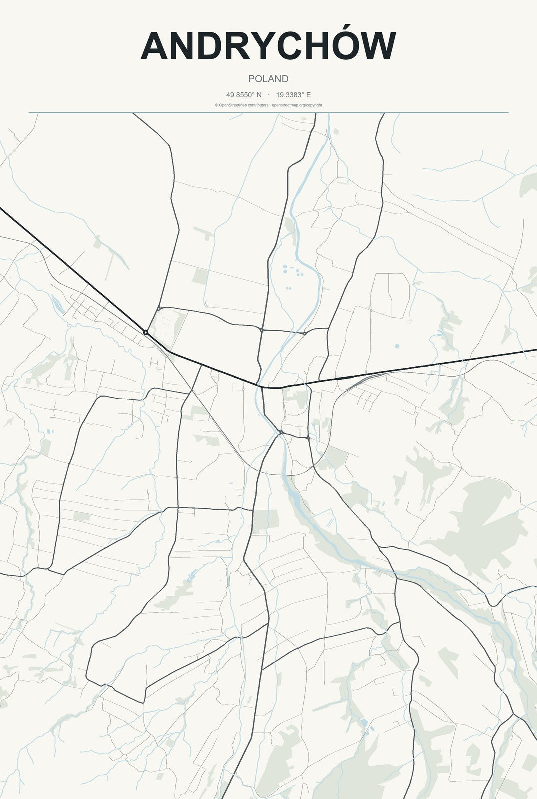 Andrychów, Poland City Map Aluminum Sign in Headline Atlas style