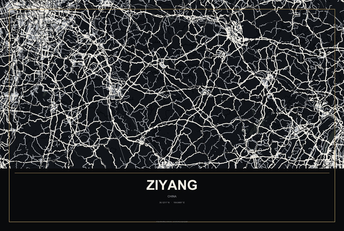 Ziyang, China City Map Aluminum Sign in Metropolitan Noir style