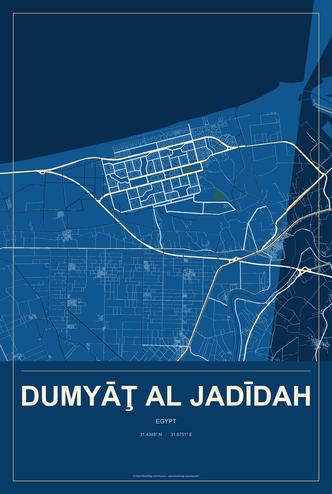 Dumyāţ al Jadīdah, Egypt City Map Aluminum Sign in Harbor Cobalt style