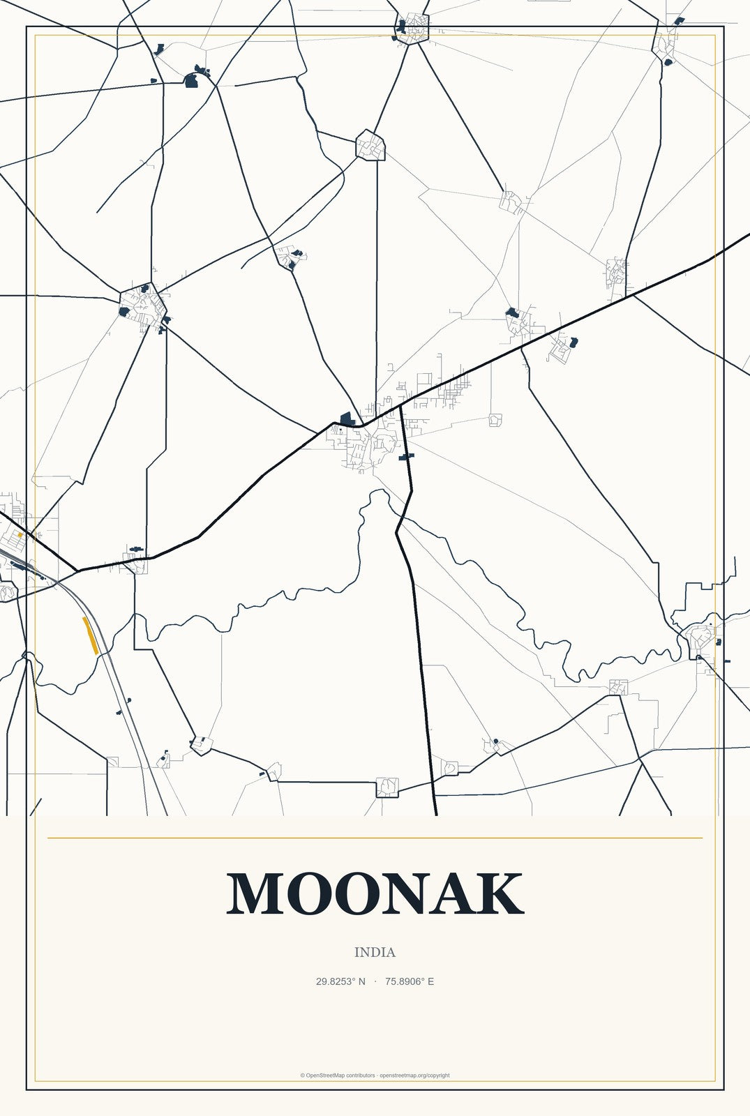 Moonak, India City Map Aluminum Sign in Citrine Modern style