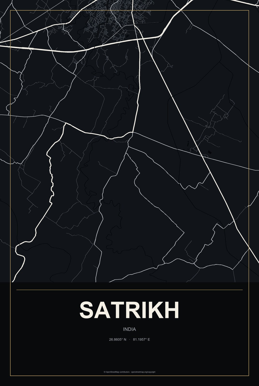 Satrikh, India City Map Aluminum Sign in Metropolitan Noir style