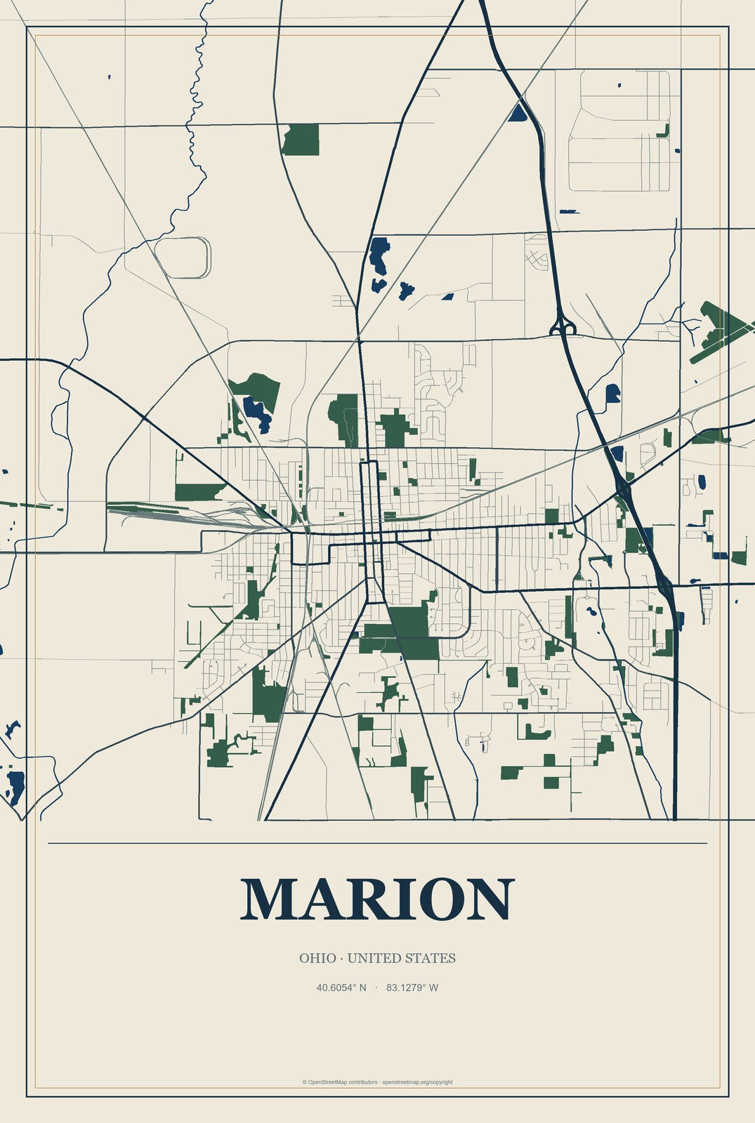 Marion, Ohio City Map Aluminum Sign in Coastal Cutout style