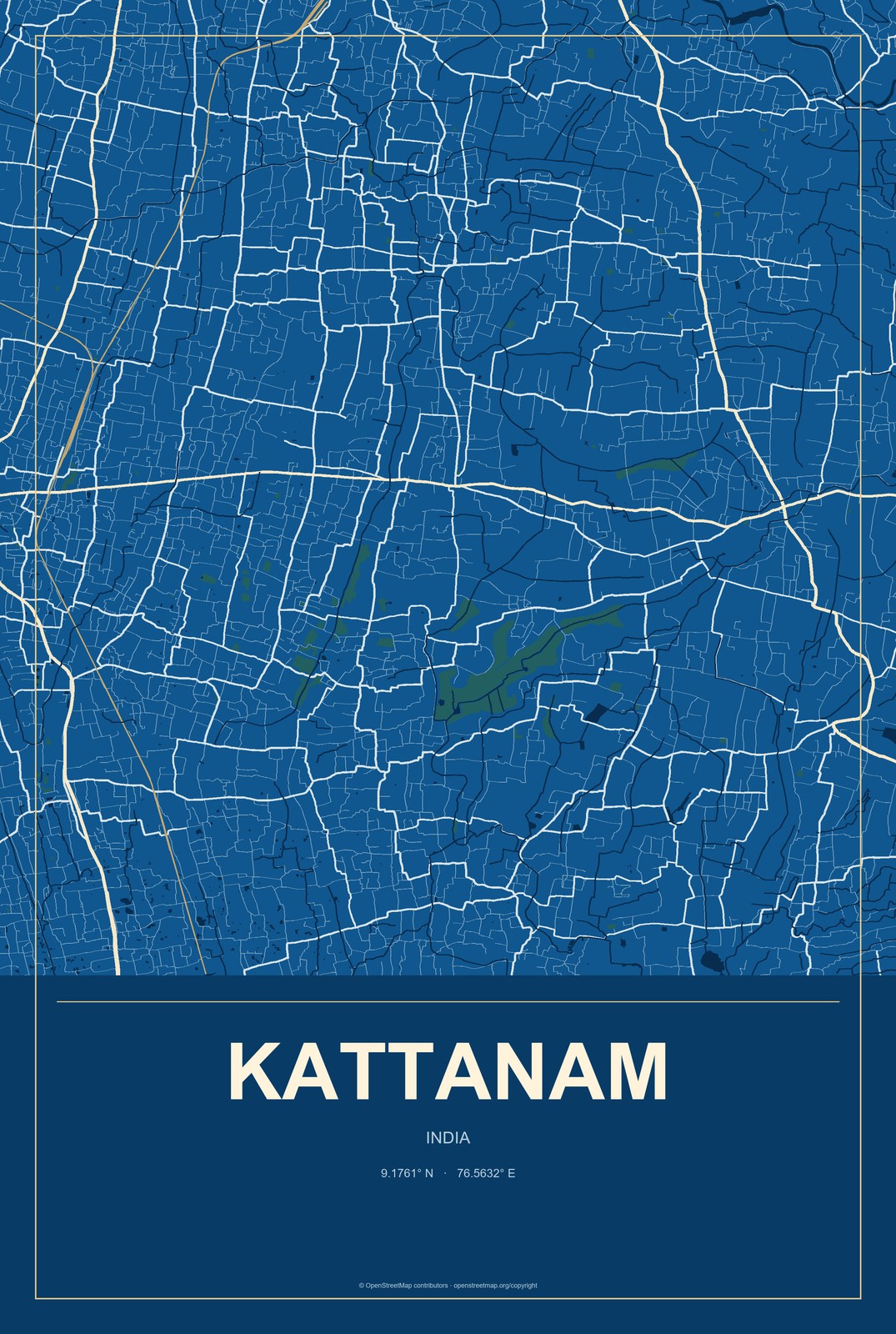 Kattanam, India City Map Aluminum Sign in Harbor Cobalt style