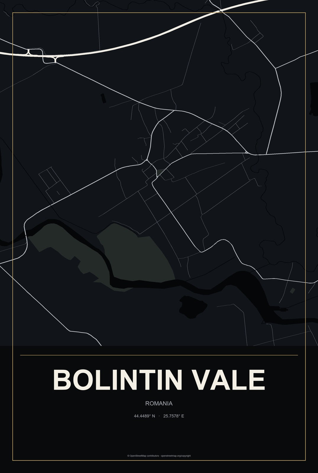 Bolintin Vale, Romania City Map Aluminum Sign in Metropolitan Noir style
