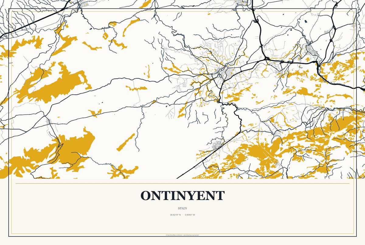 Ontinyent, Spain City Map Aluminum Sign in Citrine Modern style