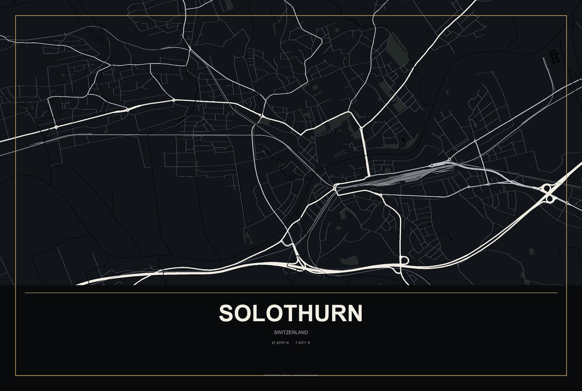 Solothurn, Switzerland City Map Aluminum Sign in Metropolitan Noir style