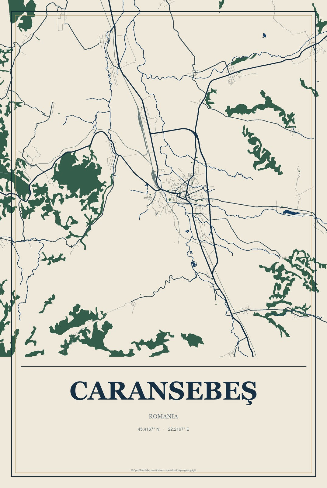 Caransebeş, Romania City Map Aluminum Sign in Coastal Cutout style