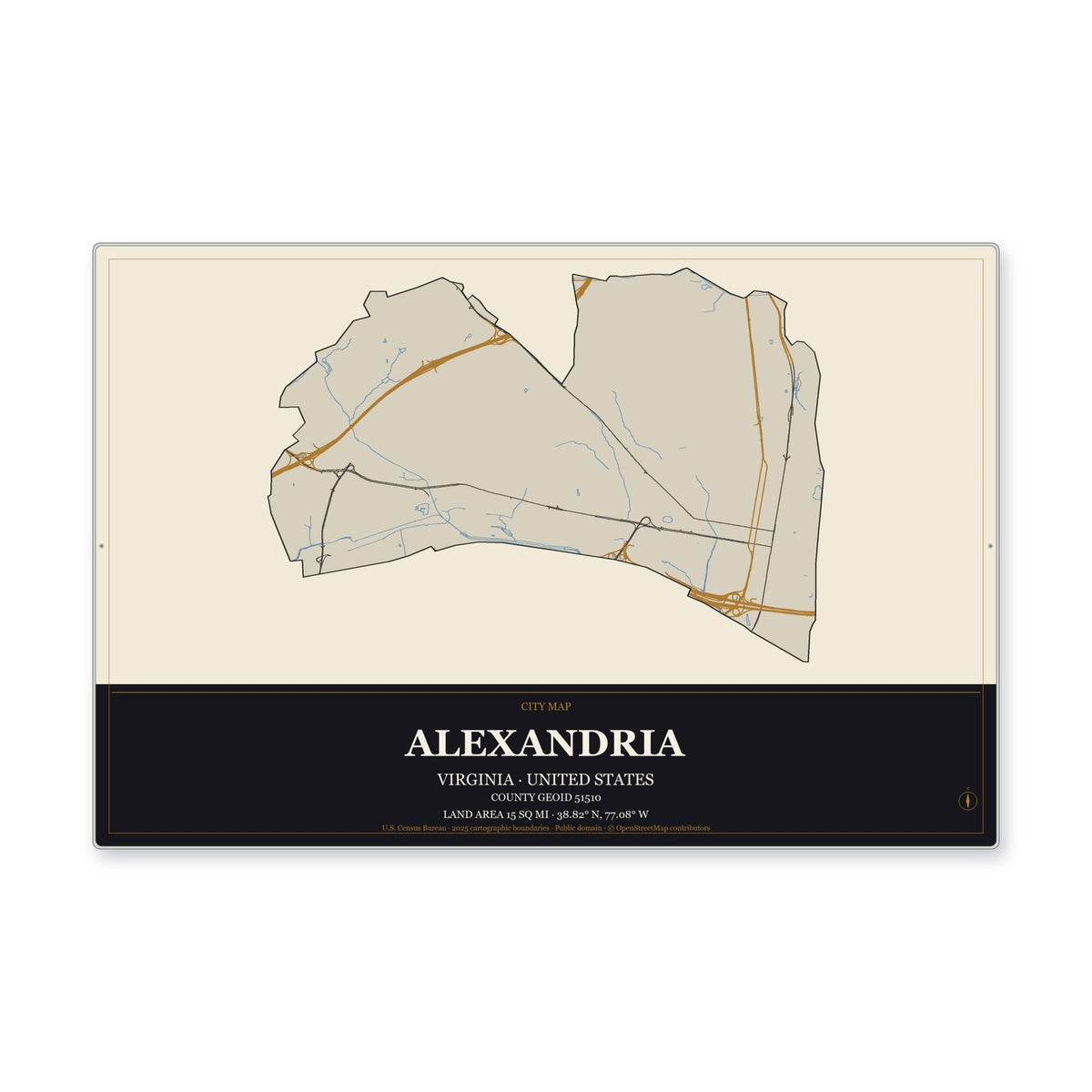 Alexandria city, Virginia Map Aluminum Sign in Museum Plaque style