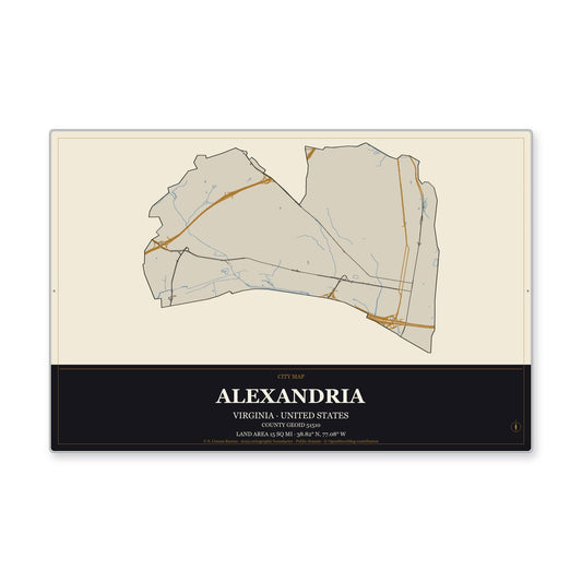 Alexandria city, Virginia Map Aluminum Sign in Museum Plaque style