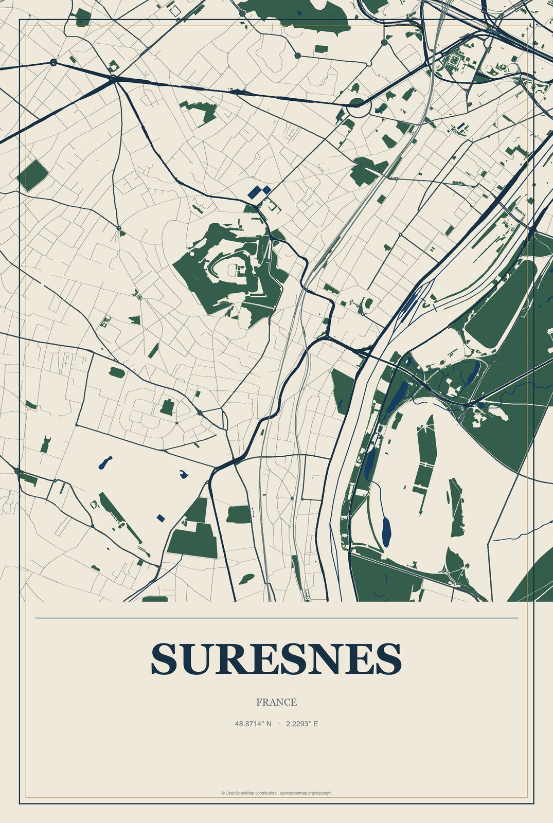 Suresnes, France City Map Aluminum Sign in Coastal Cutout style