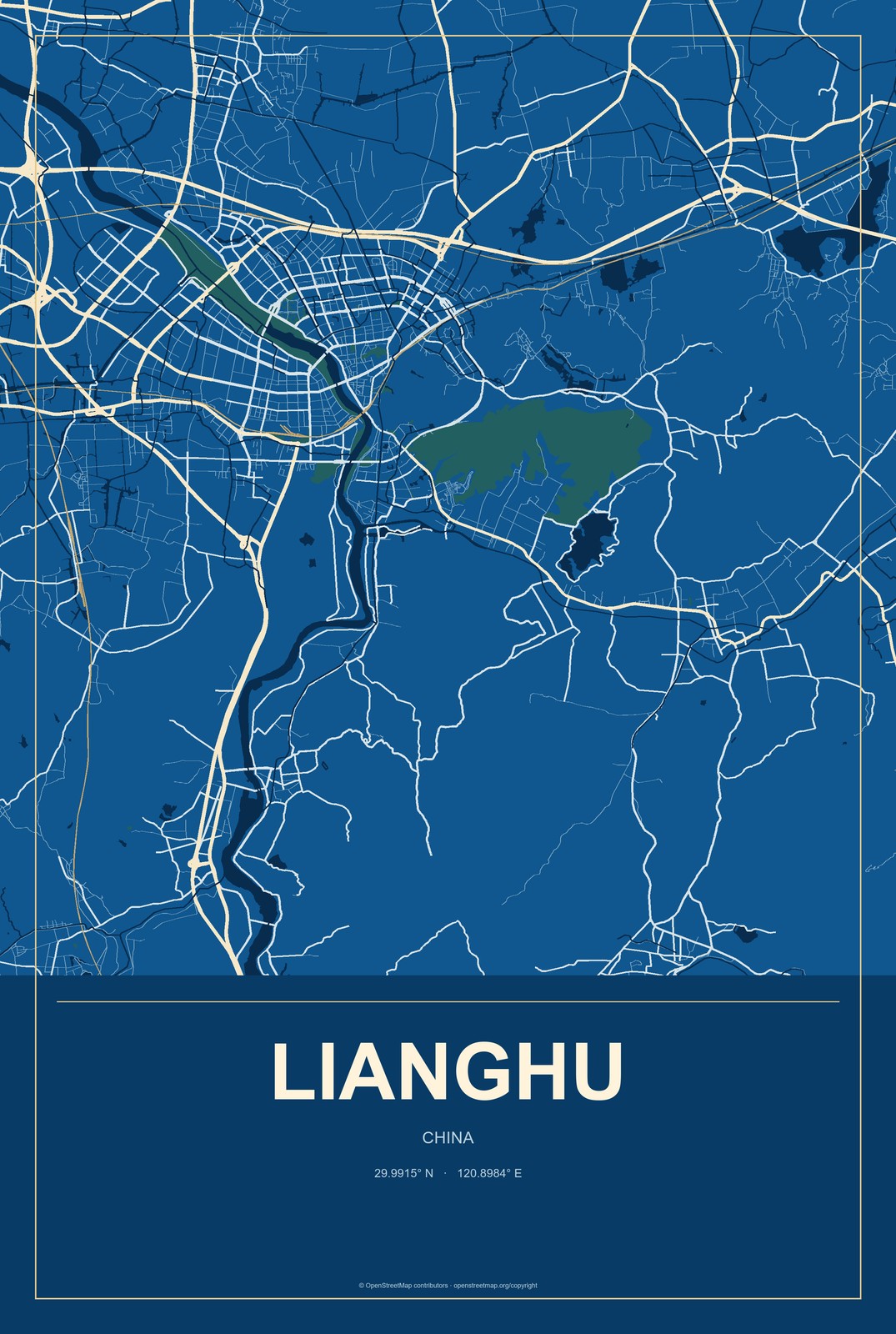 Lianghu, China City Map Aluminum Sign in Harbor Cobalt style