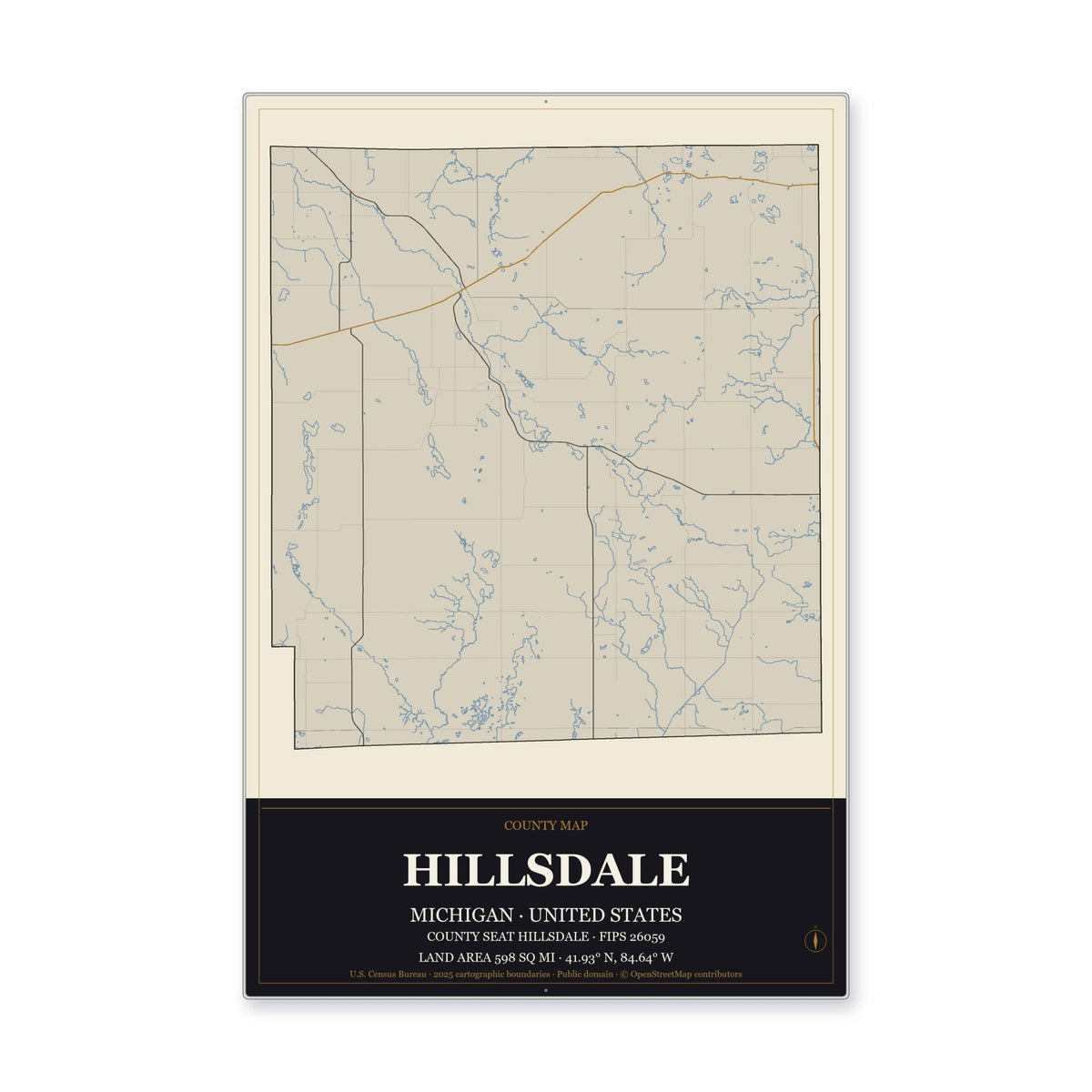 Hillsdale County, Michigan Map Aluminum Sign in Museum Plaque style