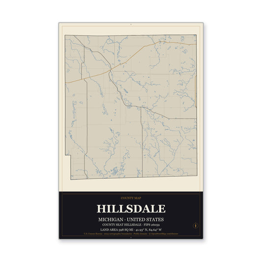 Hillsdale County, Michigan Map Aluminum Sign in Museum Plaque style