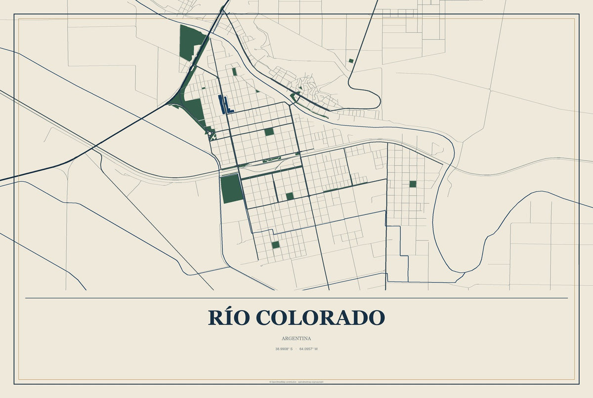 Río Colorado, Argentina City Map Aluminum Sign in Coastal Cutout style