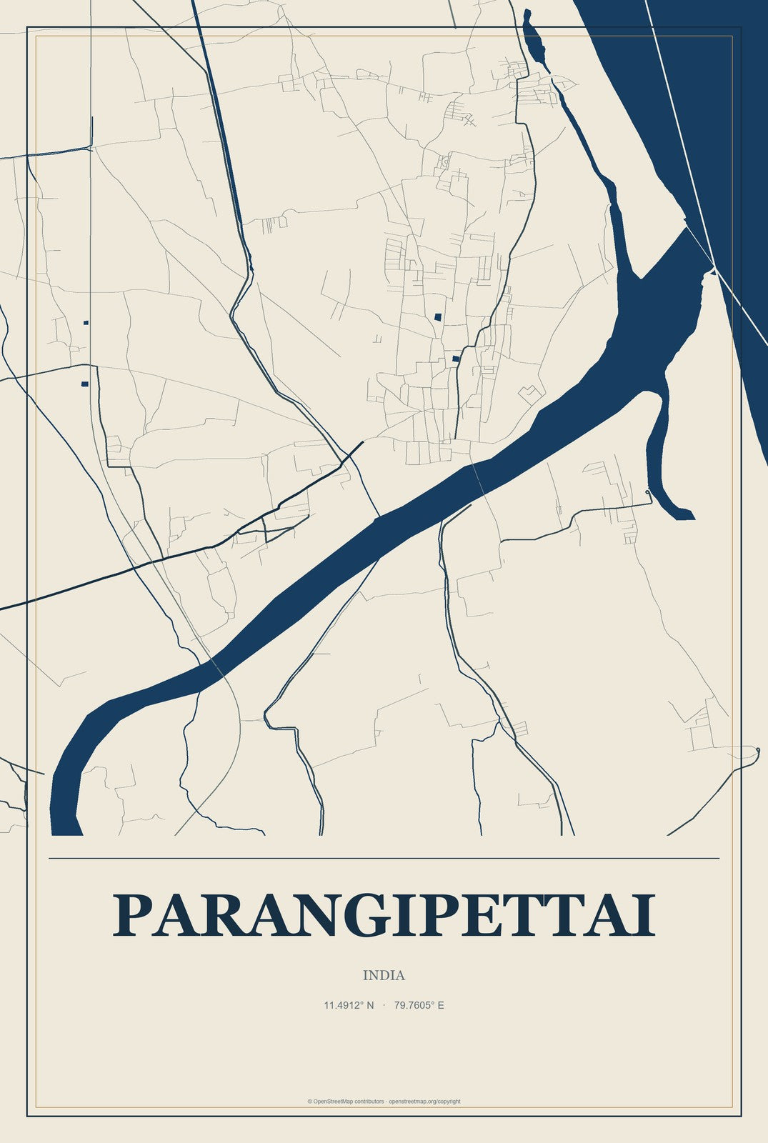 Parangipettai, India City Map Aluminum Sign in Coastal Cutout style
