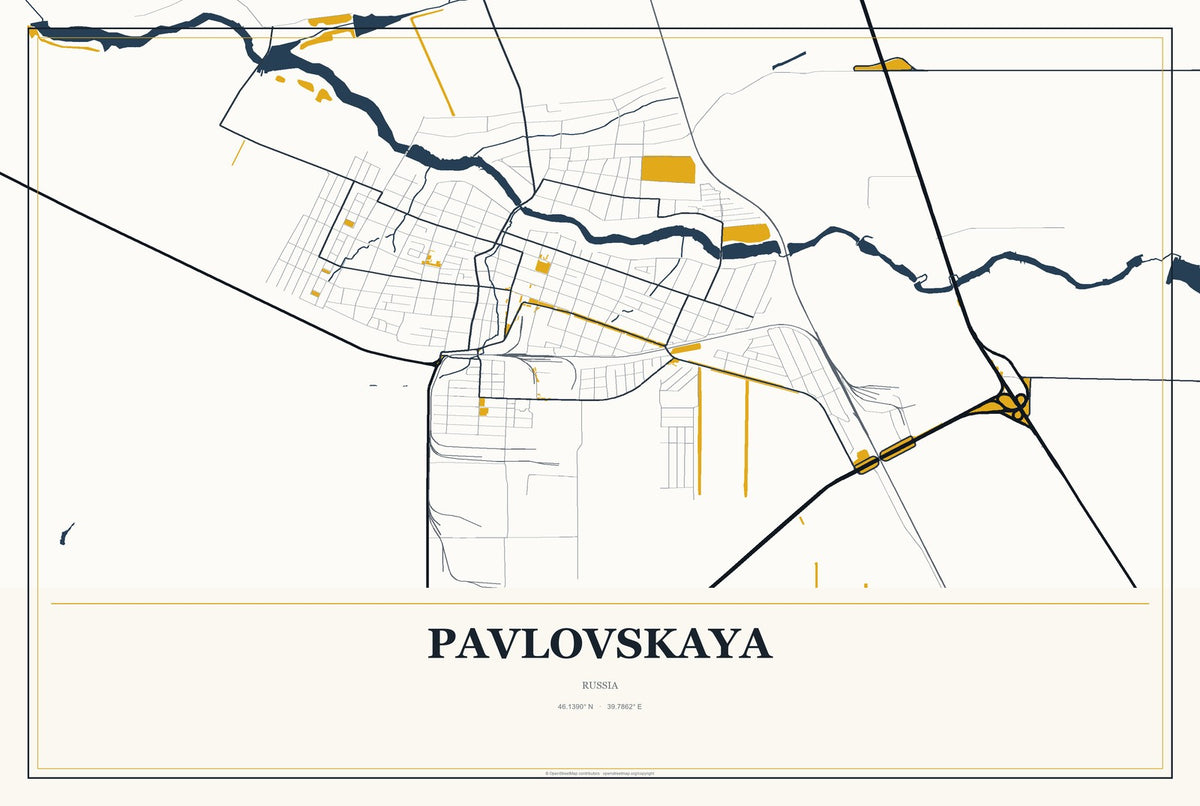 Pavlovskaya, Russia City Map Aluminum Sign in Citrine Modern style