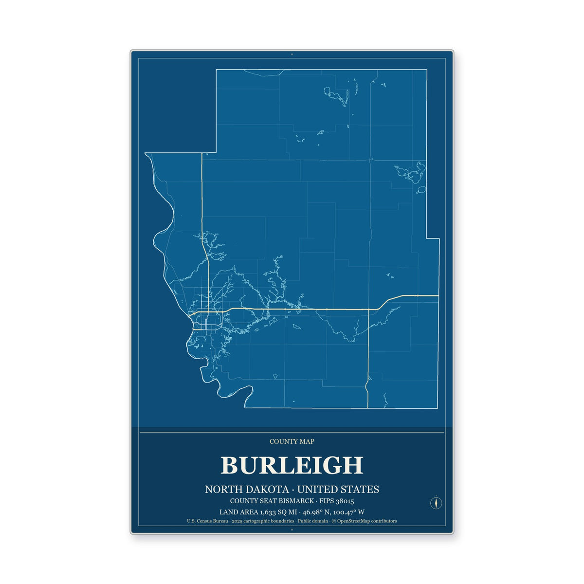 Burleigh County, North Dakota Map Aluminum Sign in Harbor Cobalt style