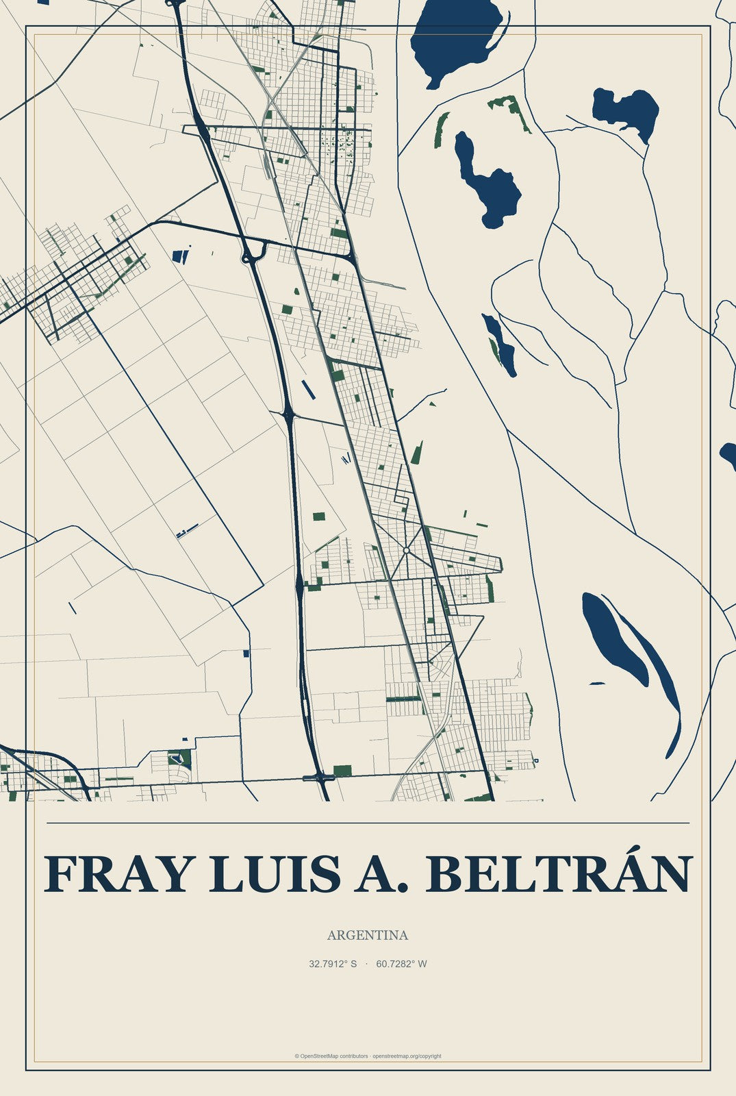 Fray Luis A. Beltrán, Argentina City Map Aluminum Sign in Coastal Cutout style