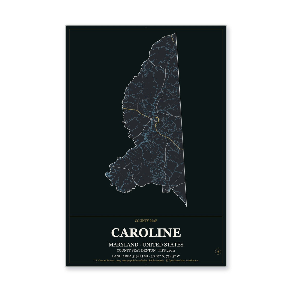 Caroline County, Maryland Map Aluminum Sign in Metropolitan Noir style